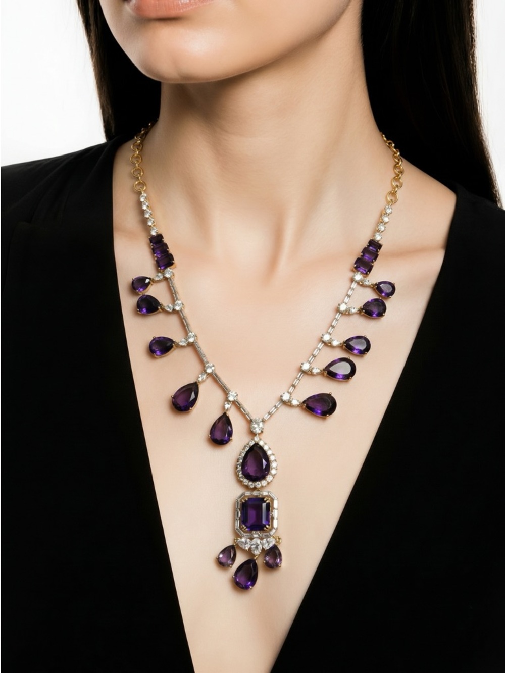 Elegant Purple Teardrop Crystal Statement Necklace and Earrings